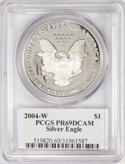 2004-W $1 Proof American Silver Eagle Coin PCGS PR69DCAM Mercanti Signed