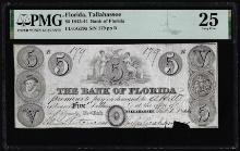 1843-44 $5 The Bank of Florida Tallahassee, FL Obsolete Note PMG Very Fine 25