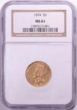 1874 $3 Indian Princess Head Gold Coin NGC MS61