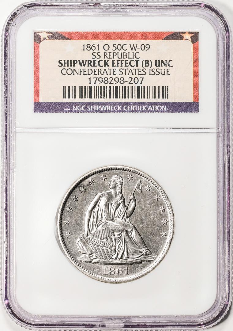 1861-O CSA Issue SS Republic Seated Liberty Half Dollar Coin NGC Shipwreck Effect UNC