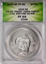 2022 $5 Palau Proof Chris Farley Silver Coin ANACS PF69DCAM