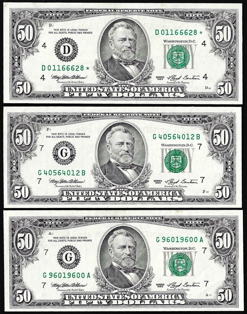 Lot of (3) 1993 $50 Federal Reserve Notes Minor Offset Error