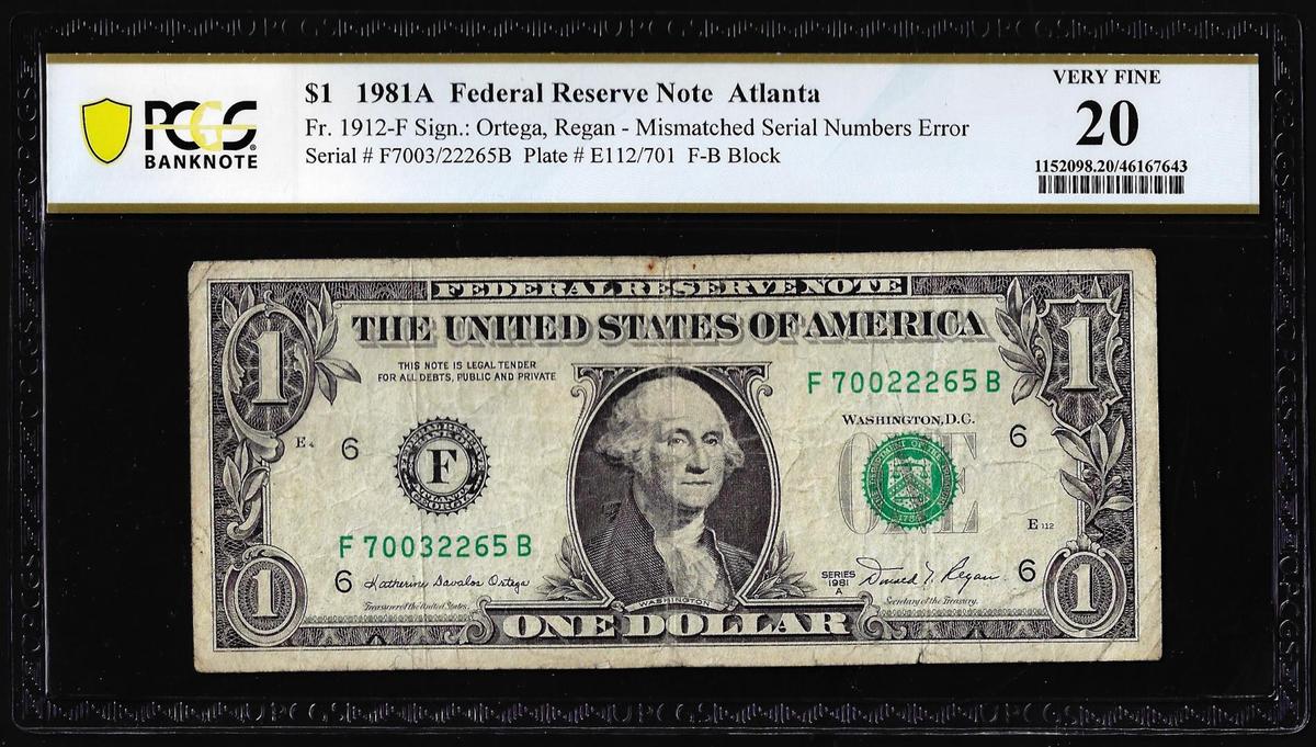 1981A $1 Federal Reserve Note Mismatched Serial Number Error Fr.1912-F PCGS Very Fine 20