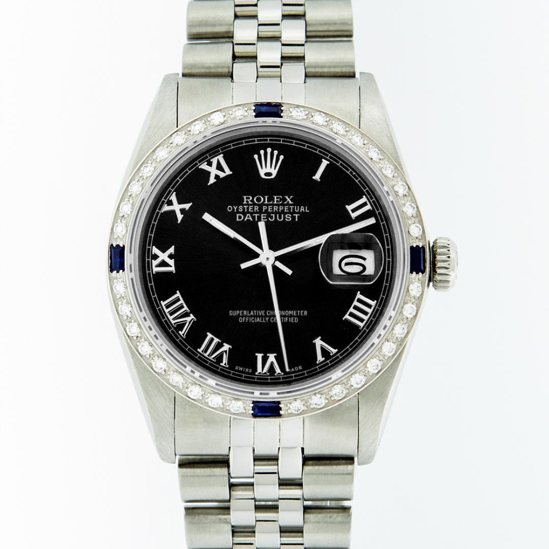 Rolex Mens Stainless Steel Black Roman Sapphire and Diamond Datejust Wristwatch