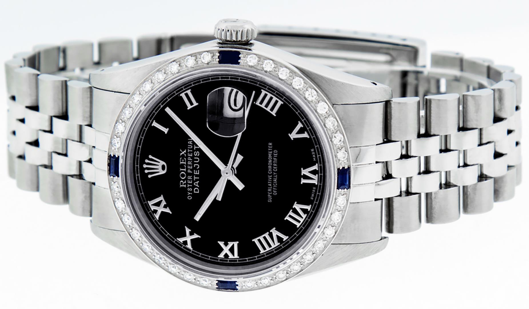 Rolex Mens Stainless Steel Black Roman Sapphire and Diamond Datejust Wristwatch