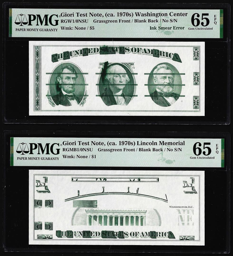 Set of Giori Test Note Washington & Lincoln Memorial PMG Gem Uncirculated 65EPQ