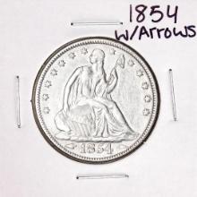 1854 w/Arrows Seated Liberty Half Dollar Coin