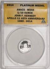 2014 Proof 1/10 oz Platinum JFK Apollo 11 Anniversary Medal ANACS MS68