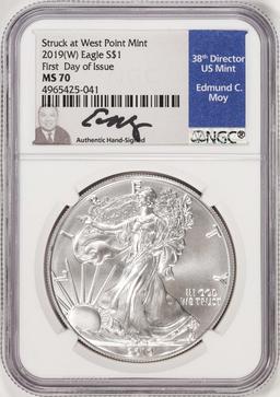 2019(W) $1 American Silver Eagle Coin NGC MS70 FDOI Moy Signature West Point Mint