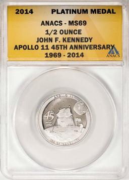 2014 Proof 1/2 oz Platinum JFK Apollo 11 Anniversary Medal ANACS MS69