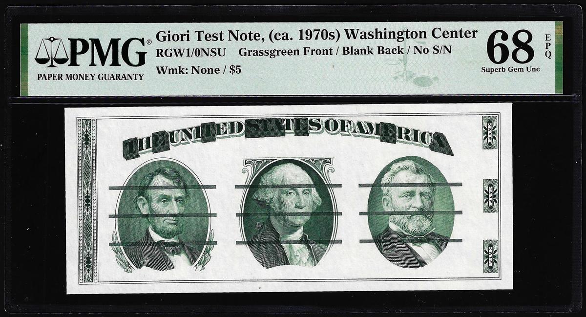 Circa 1970's Washington Center Giori Test Note PMG Superb Gem Uncirculated 68EPQ