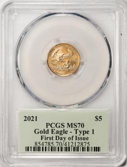 2021 Type 1 $5 American Gold Eagle Coin PCGS MS70 FDOI Cleveland Signature