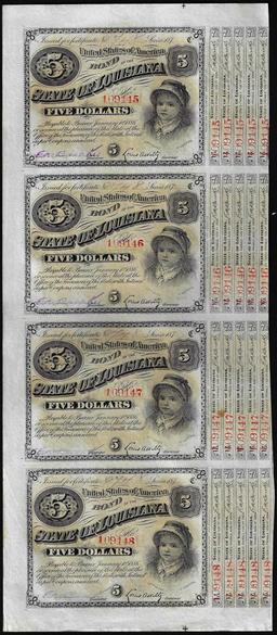 Uncut Sheet of (4) State of Louisiana Baby Bond Obsolete Notes