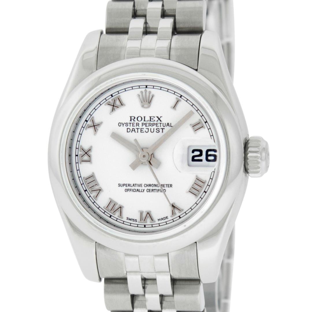 Rolex Ladies Stainless Steel White Roman Datejust Wristwatch