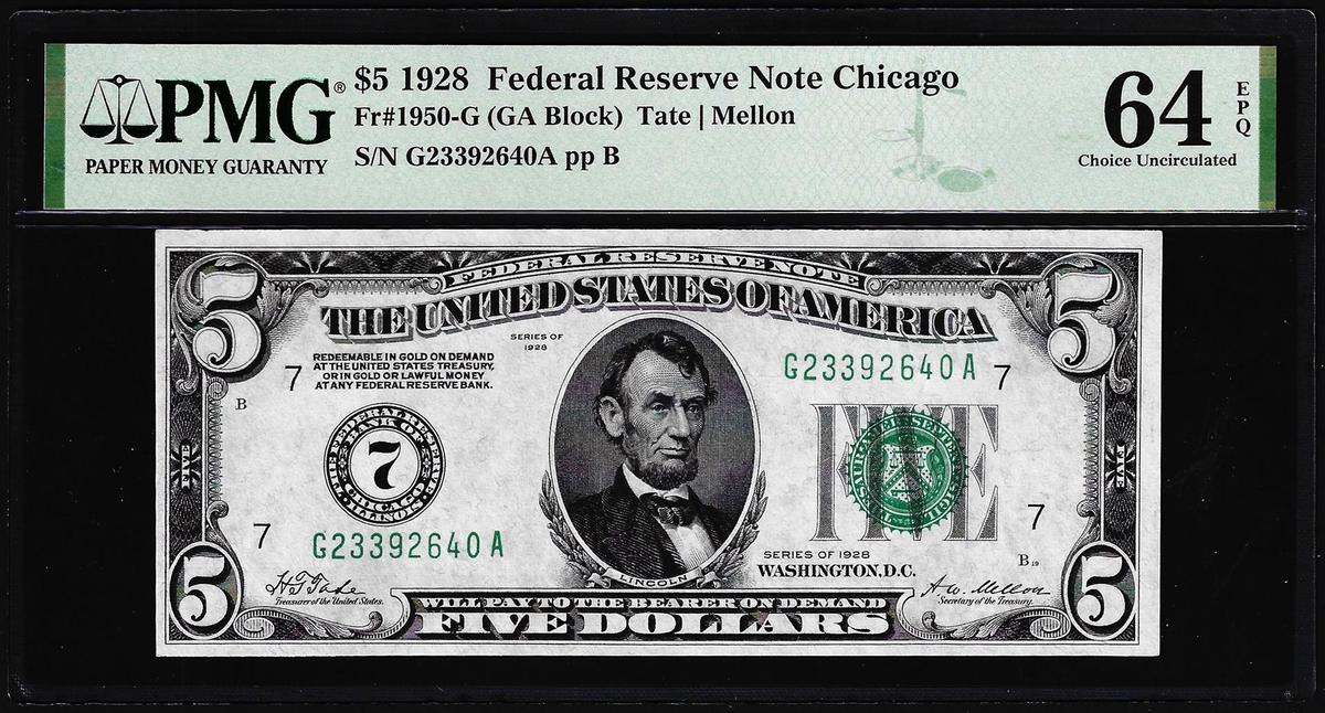 1928 $5 Federal Reserve Note Fr.1950-G PMG Choice Uncirculated 64EPQ