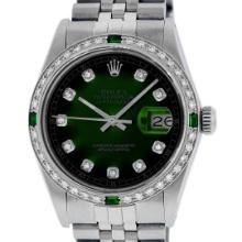 Rolex Mens Stainless Steel Green Vignette Emerald and Diamond Datejust Wristwatch