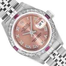 Rolex Ladies Stainless Steel Salmon Roman Ruby and Diamond Datejust Wristwatch