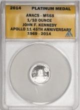 2014 Proof 1/10 oz Platinum JFK Apollo 11 Anniversary Medal ANACS MS68