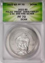 2022 $5 Palau Proof Chris Farley Silver Coin ANACS PF70DCAM