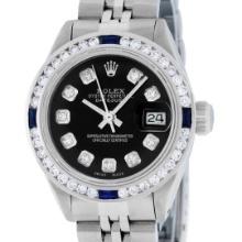 Rolex Ladies Stainless Steel Sapphire and Diamond Datejust Wristwatch