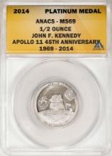 2014 Proof 1/2 oz Platinum JFK Apollo 11 Anniversary Medal ANACS MS69