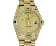 Rolex Men's 18K Yellow Gold Champagne Emerald & Diamond Day Date President Wristwatch