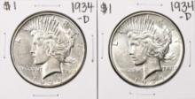 Lot of (2) 1934-D $1 Peace Silver Dollar Coins