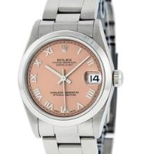 Rolex Ladies Midsize Stainless Steel Salmon Roman Datejust Wristwatch