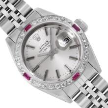 Rolex Ladies Stainless Steel Silver Index Ruby and Diamond Date Wristwatch