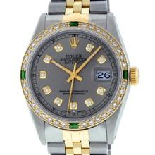 Rolex Mens Two Tone Slate Grey Emerald and Diamond Datejust Wristwatch