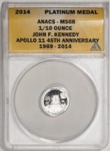 2014 Proof 1/10 oz Platinum JFK Apollo 11 Anniversary Medal ANACS MS68