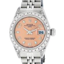 Rolex Ladies Stainless Steel Salmon Diamond Date Wristwatch