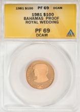 1981 $100 Proof Bahamas Royal Wedding Gold Coin ANACS PF69DCAM