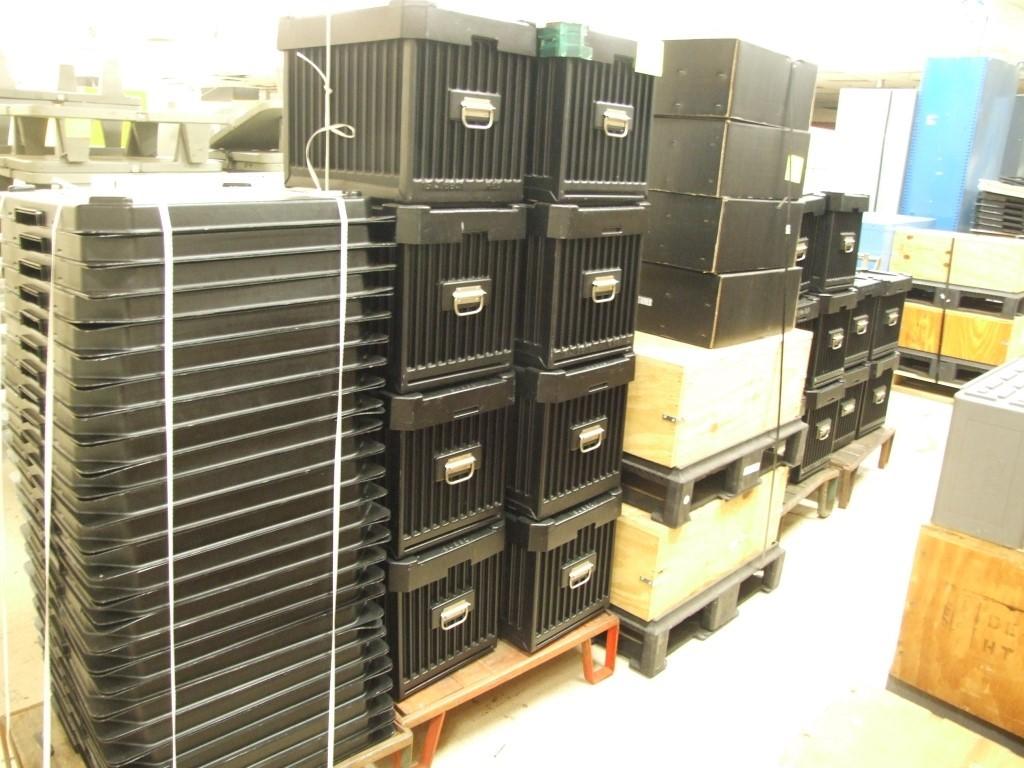 IBM Pallet w/ Large Qty. Plastic Parts Trays and (18) 20 1/4'' x 14'' x 15'