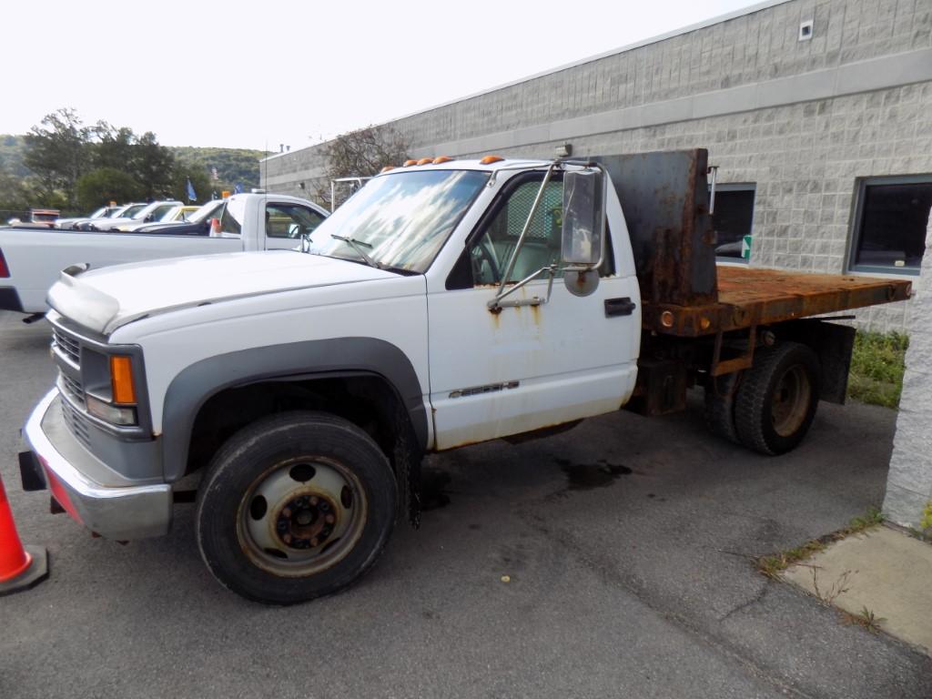 2000 Chevrolet Silverado, 3500 HD, White, 9' Stake Body, Dump, Dual Wheels,