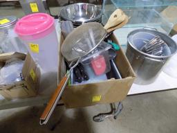 Box of Utensils, Big Strainer, Knives, Wooden Spoons, Scoops, Baking Pan, E