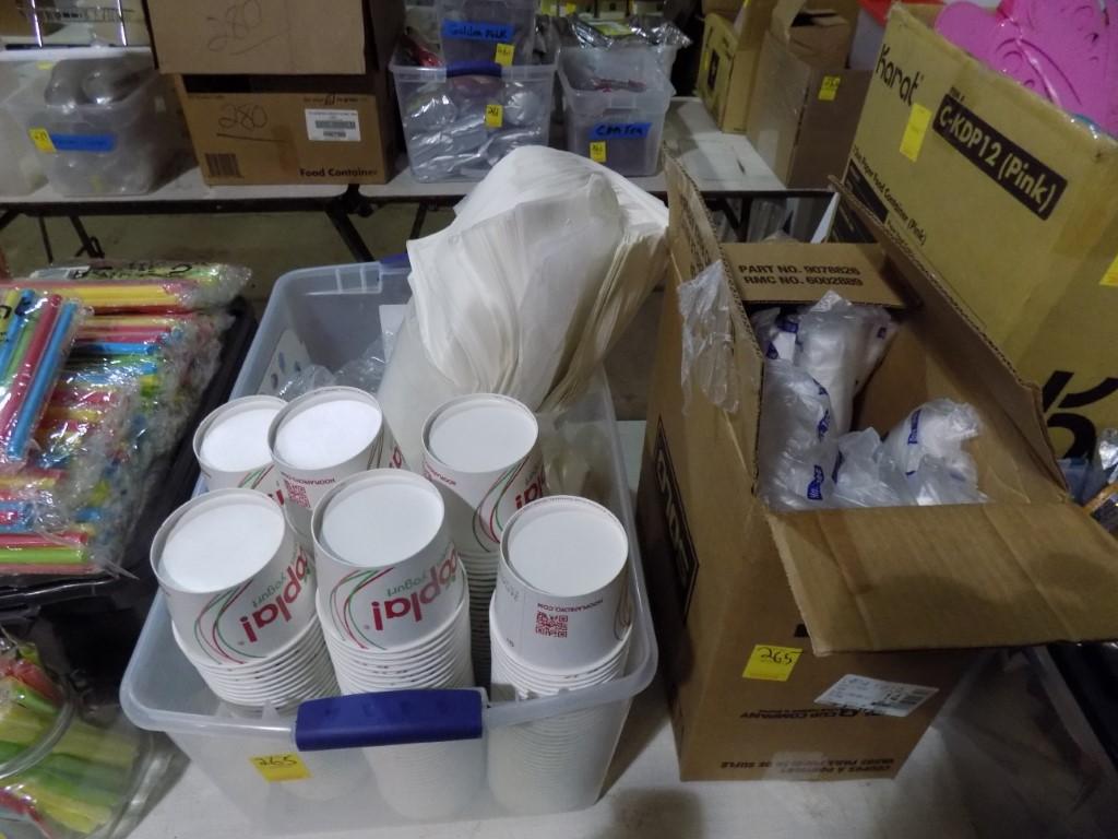 Plastic Tote & Box of To-Go Containers & Napkins Tiisue Paper & Condiment C