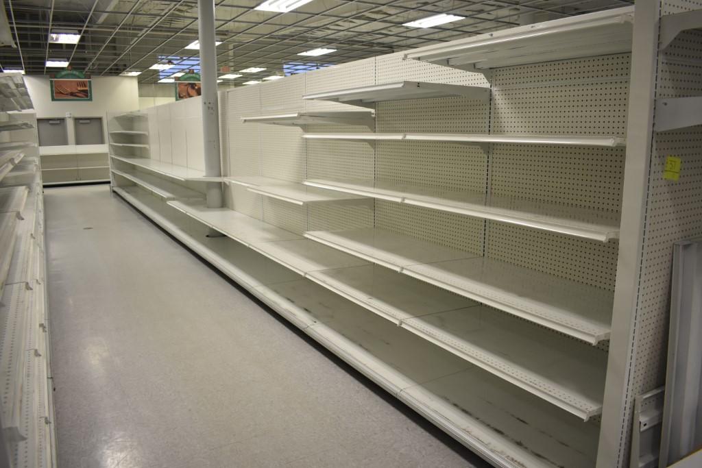 (16) White Double Sided Gondola Shelving Sections, 100 +/-  Shelves, (2) En