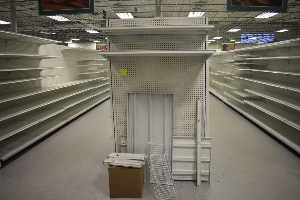 (16) White Double Sided Gondola Shelving Sections, 100 +/-  Shelves, (2) En