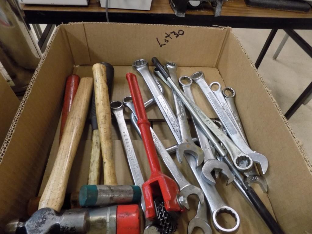 Box of Misc. Wrenches, Hammers & Grinding Wheel Dresser