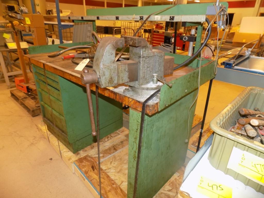 5' Green Work Bench w/ Columbian Vise, Butcher Block Top & Overhead Shelf