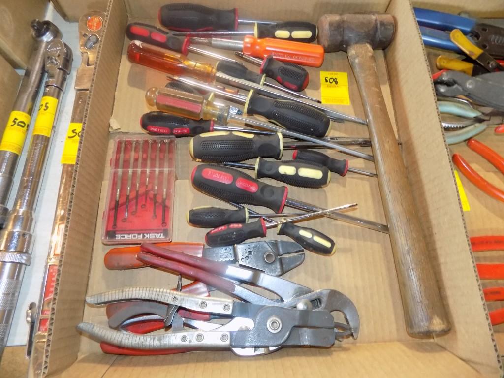 Box w/Large Qty of Screwdrivers, Hammer & Various Pliers