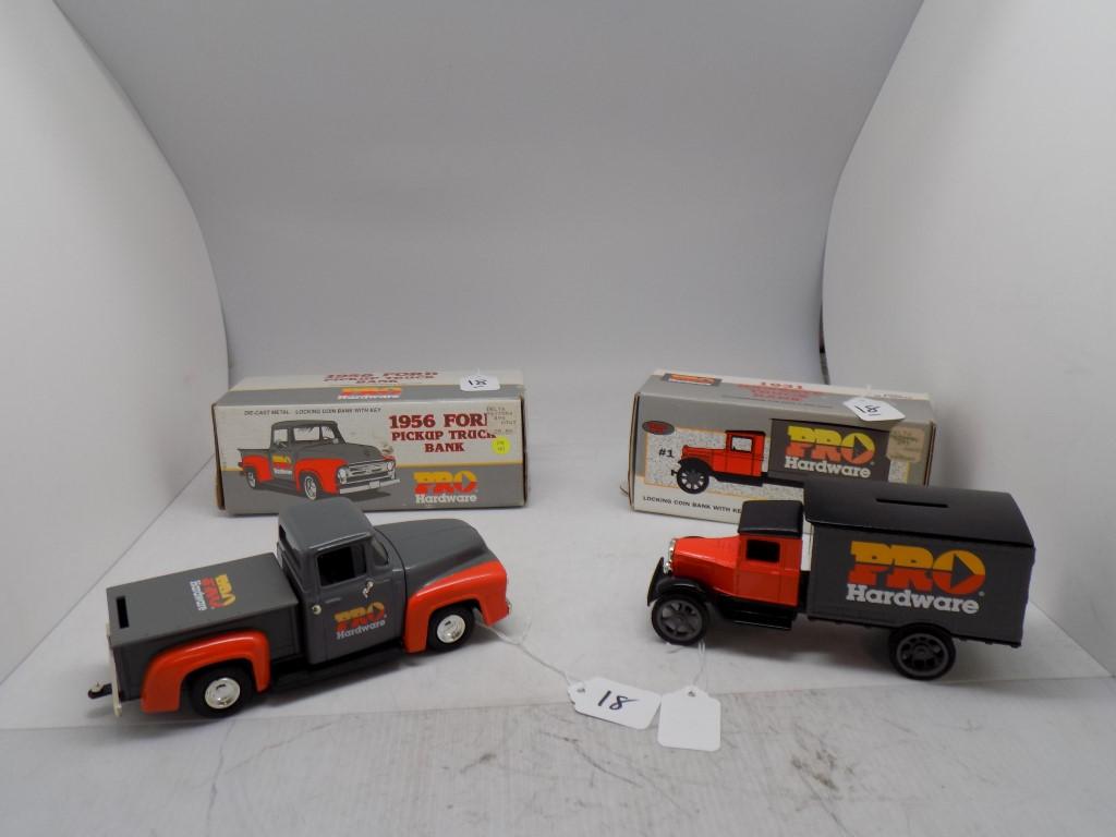 (2) Pro Hardware Diecast Banks, 1:34 Scale, (1) 1931 Hawkeye Truck and (1)
