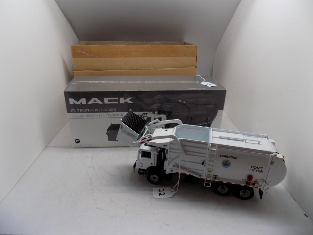 1st Gear Mack MR Front Loaded Refuse Truck with Trash Bin, 1:34 Scale, High