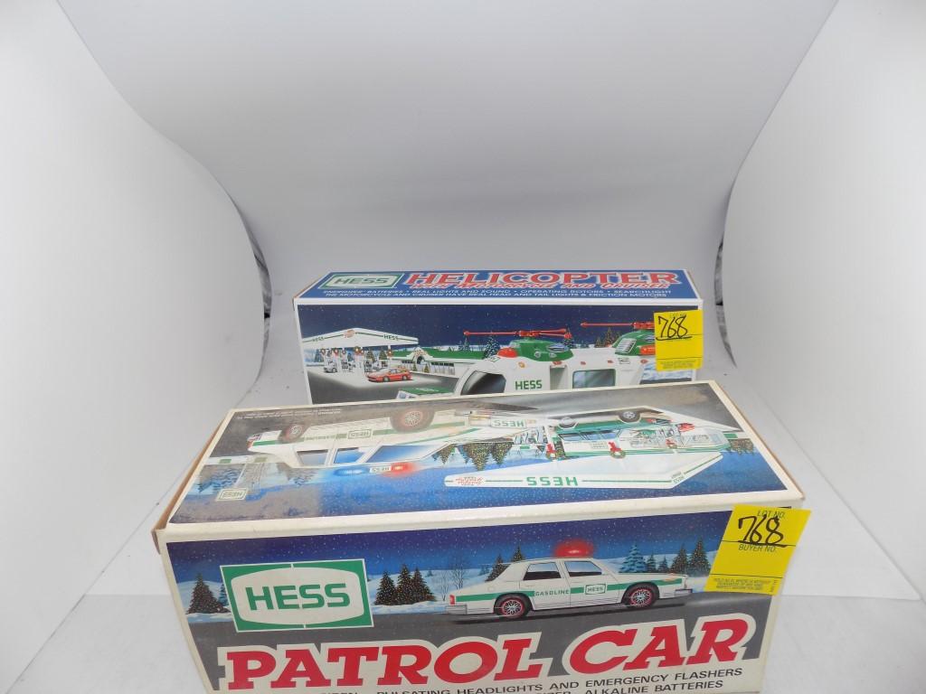 (2) Hess Trucks, (1) Helicopter w/Motorcyle & Cruiser, (1) 1993 Patrol Car