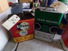 (2) Motor Oil Tins, 2 & 2 1/2 Gallon, A Penn & Year Round, (In Garage)