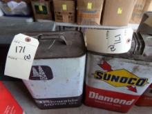 (2) Motor Oil Tins, 2 1/2 Gallon; Sunoco & Riverside, (In Garage)