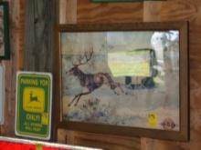 John Deere Parking Only Sign (Plastic) And Framed Reindeer, Carriage Pictur
