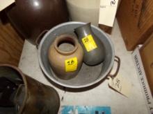 (3) Pieces, Aluminum Pot and a Stoneware Quart Jar, and a Pewter Pint Conta