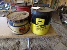 2 Antique Cans, 25 Lb. Gulf Trnsmission Lubricant And 5 Gallon John Deere H